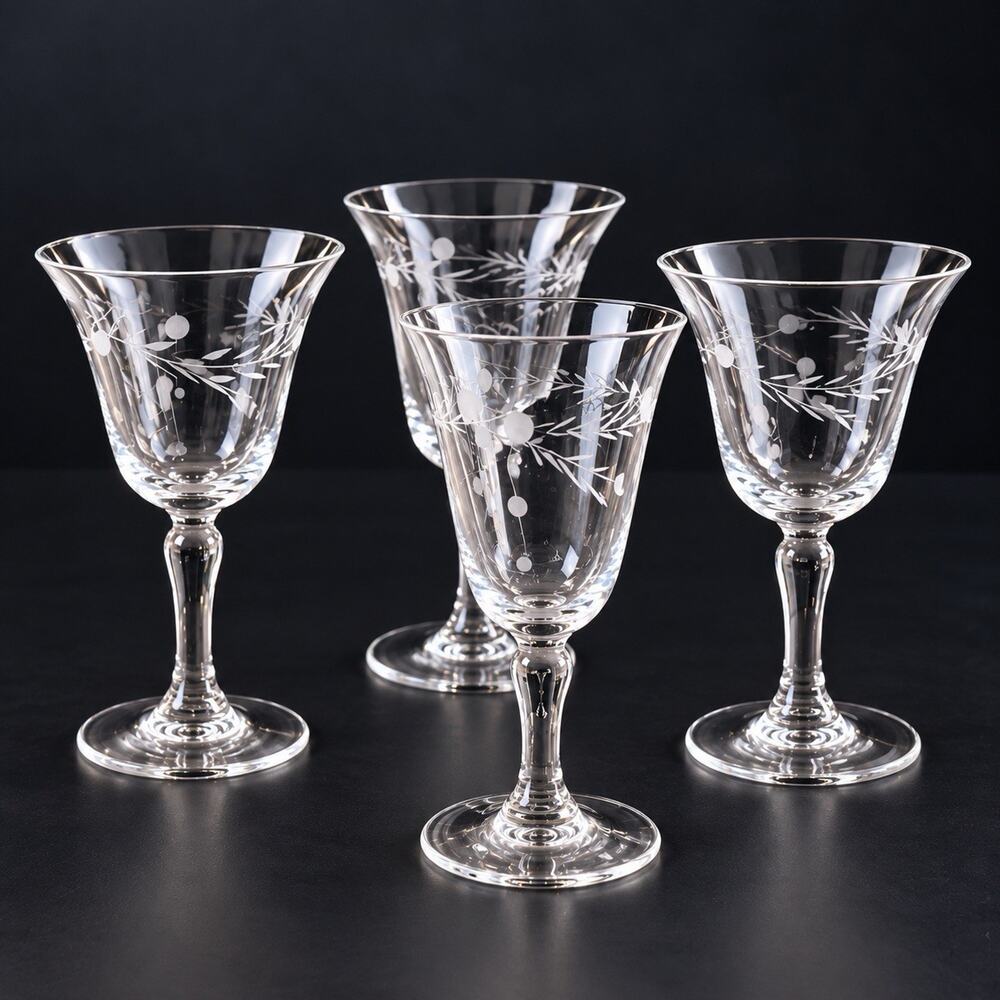 Vintage Pioneer Willow Moon Cordial Sherry Glasses Set 4 Etched Japan 1940s